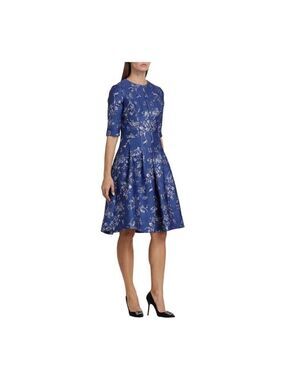 Teri Jon Blue Jacquard Floral Print Box Pleat Dress Size 2 NWT
